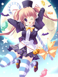 Rule 34 | 1girl, bat (animal), candy, cane, food, full moon, halloween, jack-o&#039;-lantern, mikeou, miniskirt, moon, one eye closed, pumpkin, skirt, solo, striped clothes, striped thighhighs, thighhighs, twintails, wink, zettai ryouiki