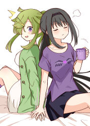 2girls akemi_homura aki_mabayu bed black_hair black_headband black_shorts closed_eyes green_hair green_jacket headband highres holding_hands jacket long_hair magia_record:_mahou_shoujo_madoka_magica_gaiden mahou_shoujo_madoka_magica multiple_girls on_bed one_eye_covered purple_eyes purple_shirt shirt short_sleeves shorts surprised suzugahama yuri