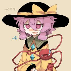 Rule 34 | 1girl, ?, ??, @ @, black hat, blush, breasts, collared shirt, cosplay, frilled shirt collar, frilled sleeves, frills, hair between eyes, hat, hat ribbon, highres, komeiji koishi, komeiji koishi (cosplay), komeiji satori, long sleeves, medium hair, open mouth, pink eyes, pink hair, ribbon, shirt, simple background, small breasts, solo, sweat, sweatdrop, touhou, upper body, yellow background, yellow ribbon, yellow shirt, zunusama