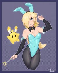 Rule 34 | 1girl, absurdres, alternate costume, animal ears, bare shoulders, black hairband, black pantyhose, blonde hair, blue eyes, blue leotard, blush, breasts, cleavage, covered navel, cowboy shot, detached collar, detached sleeves, earrings, expressionless, fake animal ears, hair over one eye, hairband, hand up, highres, holding, holding wand, jewelry, leotard, long hair, looking at viewer, luma (mario), mario (series), medium breasts, nintendo, pantyhose, parted lips, playboy bunny, rabbit ears, rob ishi, rosalina, sky, solo, star (sky), star (symbol), star earrings, starry sky, starry sky print, super mario galaxy, very long hair, wand