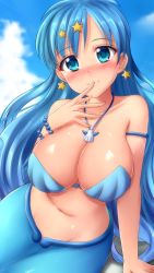 Rule 34 | 1girl, arm support, armlet, blue eyes, blue hair, blue sky, blush, bracelet, breasts, cleavage, cloud, collarbone, commentary request, cowboy shot, day, earrings, finger to mouth, groin, hair between eyes, hair ornament, highres, houshou hanon, jewelry, large breasts, long hair, looking at viewer, mermaid, mermaid melody pichi pichi pitch, midriff, monster girl, navel, necklace, nose blush, pearl bracelet, shadow, shell, shell bikini, shell necklace, shiny skin, sidelocks, sitting, sky, skywalker0610, smile, solo, star (symbol), star earrings, star hair ornament
