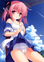 Rule 34 | 1girl, absurdres, bare shoulders, blue sky, blush, clothes lift, cloud, contrail, day, grabbing own breast, hair ornament, hair ribbon, hairclip, highres, leaning back, looking at viewer, mikagami mamizu, one-piece swimsuit, orange eyes, outdoors, pink hair, ribbon, school swimsuit, school uniform, serafuku, skirt, skirt lift, sky, solo, swimsuit, swimsuit under clothes, tareme, twintails, undressing, white one-piece swimsuit, white school swimsuit