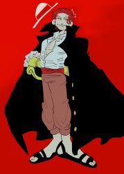 Rule 34 | 1boy, abs, artist request, black cape, cape, closed eyes, facial hair, full body, hat, highres, muscular, one piece, pectorals, red background, red hair, sandals, scar, scar across eye, scar on face, shanks (one piece), shirt, short hair, simple background, smile, solo, standing, straw hat, sword, weapon, white shirt