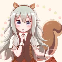 Rule 34 | 1girl, animal ears, black hairband, blush, brown background, brown vest, center frills, collared shirt, commentary request, fake animal ears, fork, frills, goth risuto, grey hair, hair between eyes, hairband, hand up, highres, holding, holding fork, kusanagi nene, long hair, looking at viewer, mabayui hikari no stage de (project sekai), project sekai, puffy short sleeves, puffy sleeves, purple eyes, red skirt, shirt, short sleeves, simple background, skirt, solo, squirrel ears, squirrel girl, squirrel tail, tail, twitter username, very long hair, vest, white shirt, wonderlands x showtime (project sekai)