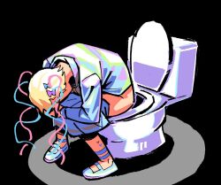 Rule 34 | 1girl, ankle strap, bent back, black background, blonde hair, blue footwear, blue shirt, blue skirt, bow, chouzetsusaikawa tenshi-chan, clothes pull, commentary, depressed, english commentary, facing down, hair bow, head down, holographic clothing, hunched over, legs apart, long sleeves, mary janes, meme, miniskirt, multicolored hair, needy girl overdose, pigeon-toed, pleated skirt, quad tails, scene reference, shinji in a chair (meme), shirt, shoes, simple background, sitting, skirt, skirt pull, solo, toilet, toilet use, zealli