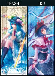 Rule 34 | 2girls, black footwear, black skirt, black socks, blue hair, blue skirt, bow, breasts, capelet, character name, collared shirt, floral background, food, framed, frilled shawl, frilled skirt, frills, fruit, hand on own cheek, hand on own face, hat, hat ribbon, hinanawi tenshi, kneehighs, leaf, long hair, long skirt, long sleeves, looking afar, medium breasts, moff riko, multiple girls, multiple views, nagae iku, parted lips, patterned background, peach, pink eyes, puffy short sleeves, puffy sleeves, red lips, ribbon, shawl, shirt, shoes, short hair, short sleeves, sitting, skirt, smile, socks, space, sparkle, star (symbol), sword of hisou, touhou, white shirt