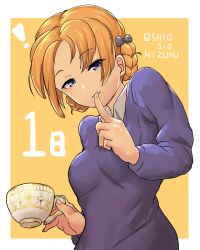 Rule 34 | 1girl, black bow, blue eyes, blue sweater, bow, braid, commentary request, countdown, cowboy shot, cup, dress shirt, finger to mouth, girls und panzer, hair bow, half-closed eyes, highres, holding, holding cup, light smile, long sleeves, looking at viewer, looking down, one-hour drawing challenge, orange background, orange hair, orange pekoe (girls und panzer), outside border, parted bangs, parted lips, school uniform, shio nizumu, shirt, short hair, shushing, solo, st. gloriana&#039;s school uniform, standing, sweater, teacup, twin braids, twitter username, v-neck, white shirt, wing collar
