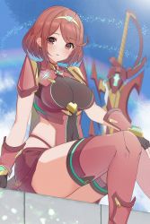 Rule 34 | 1girl, aegis sword (xenoblade), black gloves, breasts, chest jewel, earrings, fingerless gloves, gloves, highres, jewelry, large breasts, pyra (xenoblade), red eyes, red hair, red shorts, red thighhighs, short hair, short shorts, shorts, solo, swept bangs, sword, thighhighs, tiara, tsumugi 1210, weapon, xenoblade chronicles (series), xenoblade chronicles 2