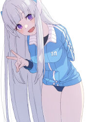 Rule 34 | 1girl, afnroll, alternate costume, blue archive, blunt bangs, buruma, commentary request, grey hair, gym uniform, halo, happy, headgear, highres, jacket, leaning forward, long hair, long sleeves, looking at viewer, multicolored hair, noa (blue archive), open mouth, purple eyes, sidelocks, simple background, smile, solo, track jacket, turtleneck, turtleneck jacket, two-tone hair, v, white background, white hair, zipper
