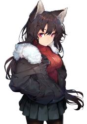 Rule 34 | 1girl, alternate costume, animal ear fluff, animal ears, black jacket, black pantyhose, black skirt, brown hair, casual, commentary request, contemporary, cowboy shot, fur trim, hair between eyes, hands in pocket, highres, imaizumi kagerou, jacket, long hair, long sleeves, looking at viewer, miniskirt, onion (onion and pi-natto), pantyhose, pleated skirt, red eyes, red sweater, ribbed sweater, simple background, skirt, solo, standing, sweater, thighs, touhou, turtleneck, turtleneck sweater, very long hair, white background, wolf ears