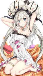 Rule 34 | 1girl, armpits, arms behind head, barefoot, blue eyes, bracelet, croissant, dress, euryale (fate), fate/grand order, fate (series), food, hamaken. (novelize), highres, jewelry, long hair, macaron, marie antoinette (fate), marie antoinette (third ascension) (fate), ms armpit, necklace, silver hair, solo, strapless, strapless dress, twintails