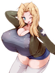 Rule 34 | 10s, 1girl, 57mm, blonde hair, blue eyes, blush, breasts, cleavage, covered erect nipples, curvy, female focus, gigantic breasts, girls und panzer, highres, kay (girls und panzer), long hair, looking at viewer, no bra, one eye closed, open mouth, shirt, simple background, smile, solo, standing, thick thighs, thighhighs, thighs, white background, white thighhighs, wide hips, wink