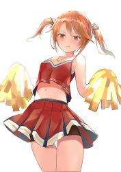 Rule 34 | 1girl, absurdres, arched back, armpits, bare shoulders, blush, breasts, brown eyes, cheerleader, cleavage, clothes writing, commentary request, cowboy shot, crop top, highres, idolmaster, idolmaster cinderella girls, medium breasts, midriff, miniskirt, navel, nose blush, open mouth, orange hair, pjkka, pleated skirt, pom pom (cheerleading), shirt, simple background, skirt, sleeveless, sleeveless shirt, solo, stomach, thigh gap, thighs, wavy mouth, white background, yuuki haru