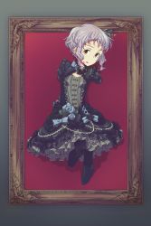Rule 34 | 1girl, black dress, black pantyhose, bow, breasts, commentary request, dress, empty eyes, framed, frills, gothic lolita, guriko (mossari), hair ornament, highres, idolmaster, idolmaster million live!, lolita fashion, looking at viewer, makabe mizuki, pantyhose, picture frame, purple hair, restrained, short hair, simple background, small breasts, solo, stuck, through wall, yellow eyes
