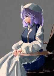 Rule 34 | 1girl, apron, blue hair, blue vest, chair, highres, koyane (silver81106), lapel pin, looking to the side, medium hair, one-hour drawing challenge, shadow, shirt, sitting, solo, touhou, triangular headpiece, vest, waist apron, white apron, white headwear