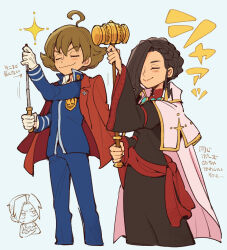 Rule 34 | 1boy, 1girl, ace attorney, ace attorney investigations, ace attorney investigations 2, ahoge, blush, braid, brown hair, cape, closed eyes, closed mouth, dress, flipped hair, gavel, gloves, hair over one eye, holding, holding pointer, ichiyanagi yumihiko, jacket, jacket on shoulders, long hair, long sleeves, mikagami hakari, miles edgeworth, nono (norabi), pants, pointer, school uniform, short hair, simple background, smile, sparkle, white gloves, wide sleeves