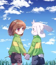 Rule 34 | 1boy, 1other, asriel dreemurr, bandages, black shorts, blue eyes, blue sky, blush, brown hair, chara (undertale), cloud, cloudy sky, fang, from behind, goat boy, grass, green sweater, holding, holding hands, holding stick, long sleeves, looking at another, medium hair, outdoors, red eyes, short tail, shorts, sky, smile, stick, striped clothes, striped sweater, sweater, tail, undertale, xox xxxxxx, yellow sweater