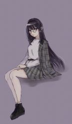 Rule 34 | 1girl, akemi homura, alternate costume, ankle boots, belt, black footwear, black hair, black hairband, boots, commentary request, ears visible through hair, expressionless, glasses, grey background, hair between eyes, hairband, highres, jacket, jacket on shoulders, jewelry, long hair, long sleeves, looking at viewer, mahou shoujo madoka magica, plaid, plaid jacket, plaid skirt, ring, shirt, sitting, skirt, socks, solo, user rwky8338, very long hair, white shirt, white socks
