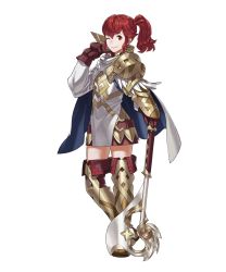 Rule 34 | 1girl, anna (fire emblem), armor, axe, belt, boots, cape, female focus, fire emblem, fire emblem heroes, full body, gloves, highres, kozaki yuusuke, looking at viewer, matching hair/eyes, nintendo, non-web source, official art, one eye closed, ponytail, red eyes, red hair, scale armor, simple background, skirt, smile, solo, standing, thigh boots, thighhighs, transparent background, weapon, white background, white cape, wink, zettai ryouiki