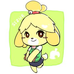Rule 34 | 1girl, :&gt;, animal crossing, animal ears, barefoot, bell, blonde hair, blue skirt, blush, blush stickers, border, brown eyes, character name, clipboard, closed mouth, dog ears, dog girl, dog tail, female focus, full body, furry, furry female, green background, green vest, hair bell, hair ornament, hair tie, happy, holding, isabelle (animal crossing), jingle bell, kurokusu, leg up, looking at viewer, miniskirt, neck ribbon, nintendo, own hands together, pen, plaid, plaid vest, red ribbon, ribbon, romaji text, shirt, short hair, short sleeves, simple background, skirt, smile, solo, standing, standing on one leg, tail, topknot, v arms, vest, white border, white shirt
