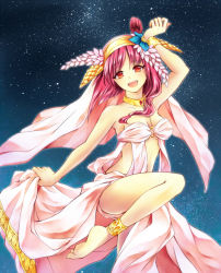 Rule 34 | 1girl, anklet, ayase rio, bare legs, bare shoulders, barefoot, choker, dancer, dancing, feet, flower, hair flower, hair ornament, harem outfit, jewelry, long hair, lots of jewelry, magi the labyrinth of magic, morgiana, necklace, red eyes, red hair, solo, veil