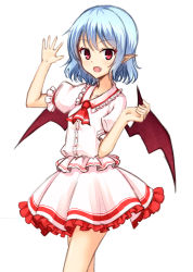Rule 34 | 1girl, bat wings, blue hair, bracelet, dress, fang, highres, jewelry, junior27016, looking at viewer, open mouth, pointy ears, puffy short sleeves, puffy sleeves, red eyes, remilia scarlet, short hair, short sleeves, simple background, touhou, waving arm, white background, white dress, wings