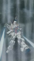 Rule 34 | after war gundam x, arm up, clenched hand, flying, fog, from below, full body, gun, gundam, gundam x, gundam x divider, holding, holding gun, holding weapon, huge weapon, looking up, mecha, no humans, outstretched arm, robot, screencap, snowing, stitched, third-party edit, weapon, winter