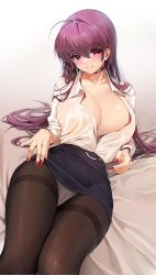 Rule 34 | 1girl, black choker, black pantyhose, blush, breasts, cameltoe, choker, cleavage, closed mouth, collared shirt, commentary, damda, fate/grand order, fate (series), large breasts, long hair, long sleeves, nail polish, panties, pantyhose, purple hair, red eyes, red nails, scathach (fate), shirt, shirt tucked in, skirt, smile, solo, symbol-only commentary, thighs, underwear, white panties, white shirt