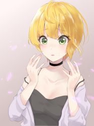 Rule 34 | 1girl, :o, absurdres, black neckwear, black tank top, blonde hair, blush, breasts, choker, cleavage, collarbone, crazy crazy (idolmaster), crying, crying with eyes open, green eyes, grey background, hands up, highres, idolmaster, idolmaster cinderella girls, jacket, lavender jacket, medium breasts, miyamoto frederica, nail polish, open clothes, open jacket, open mouth, petals, purple background, risu mikap, short hair, simple background, solo, strap slip, tank top, tearing up, tears, upper body