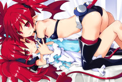 Rule 34 | 2girls, ass, boots, breasts, demon girl, demon tail, demon wings, disgaea, disgaea d2, dual persona, etna (disgaea), flat chest, highres, iwashi dorobou -r-, looking at viewer, makai senki disgaea, mini wings, multiple girls, pointy ears, red hair, saint etna, slit pupils, small breasts, smile, tail, thigh boots, thighhighs, thighhighs under boots, wings