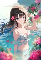 Rule 34 | 1girl, absurdres, ancotaku, bare shoulders, bikini, blue eyes, blush, breasts, brown hair, cleavage, closed mouth, collarbone, day, fingernails, flower, hair flower, hair ornament, hand up, highres, long hair, looking at viewer, medium breasts, nail polish, navel, original, outdoors, page number, partially submerged, scan, simple background, solo, stomach, swimsuit, thighs, water, water drop, white bikini