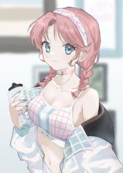 Rule 34 | 1girl, arknights, bare shoulders, blue eyes, blue nails, blue poison (arknights), blue poison (shoal beat) (arknights), blurry, blurry background, braid, breasts, choker, cleavage, commentary, crop top, hairband, highres, holding, jacket, long hair, long sleeves, medium breasts, meyochi, midriff, nail polish, navel, official alternate costume, open clothes, open jacket, pink choker, pink hair, solo, spaghetti strap, sports bra, stomach, twin braids, upper body, white jacket