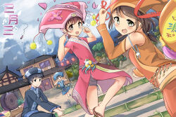 Rule 34 | 1boy, 3girls, bamboo, blue dress, brown eyes, brown hair, china, cloud, cloudy sky, dancing, detached sleeves, dress, dutch angle, guang xi, highres, house, looking at viewer, mountain, multiple girls, orange dress, original, pink dress, short sleeves, sky, traditional clothes, xyy25
