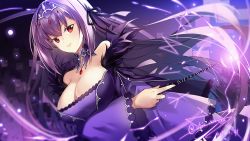 Rule 34 | 1girl, bare shoulders, black bow, bow, breasts, cleavage, dated, detached collar, dress, dutch angle, fate/grand order, fate (series), hair bow, holding, holding wand, huge breasts, long hair, looking at viewer, parted lips, purple background, purple dress, purple hair, purple theme, red eyes, scathach (fate), scathach skadi (fate), smile, solo, strapless, strapless dress, twitter username, upper body, vilor, wand