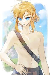 Rule 34 | 1boy, belt, blue eyes, day, hand on own hip, highres, link, male focus, nintendo, outdoors, sash, solo, the legend of zelda, the legend of zelda: breath of the wild, topless male, yiwoo2030