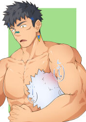 Rule 34 | 2boys, absurdres, bara, black hair, blue hair, blush, brown eyes, crave saga, earrings, facial scar, gae bolg (crave saga), highres, jewelry, large pectorals, looking at another, male focus, multicolored hair, multiple boys, muscular, muscular male, open mouth, pectorals, ryotaro 810, scar, scar on cheek, scar on face, short hair, simple background, translation request, two-tone hair, upper body, yaoi