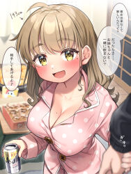 Rule 34 | 1boy, 1girl, :d, beer can, black sweater, blurry, blurry background, blush, breasts, brown hair, can, cleavage, collarbone, depth of field, drink can, food, highres, holding, holding can, holding hands, indoors, kuromasu, large breasts, long sleeves, mole, mole on breast, mole under eye, open mouth, oppai loli, original, pajamas, pink pajamas, polka dot, polka dot pajamas, pov, smile, solo focus, sweater, yellow eyes