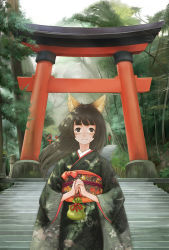Rule 34 | 1girl, 29 (artist), animal ears, asa no ha (pattern), bag, bamboo, black eyes, black hair, day, fog, fox ears, holding, japanese clothes, kimono, long hair, long sleeves, looking at viewer, obi, outdoors, own hands together, pouch, sash, smile, solo, stairs, torii, tree, wide sleeves