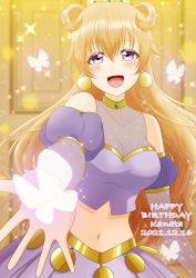Rule 34 | 1girl, absurdres, artist name, artist request, blush, bracelet, breasts, brown hair, bug, butterfly, butterfly (love live!), choker, cleavage, close-up, clothing cutout, collarbone, cropped shirt, crown, detached sleeves, double bun, dress, dress shirt, earrings, female focus, gold bracelet, hair between eyes, hair bun, hair rings, harem outfit, highres, indoors, insect, jewelry, konoe kanata, long hair, looking at viewer, love live!, love live! nijigasaki high school idol club, love live! school idol festival, medium breasts, navel, parted lips, puffy short sleeves, puffy sleeves, purple eyes, purple shirt, purple shorts, reaching, reaching towards viewer, shirt, short sleeves, shorts, shoulder cutout, smile, solo, sparkle, two side up, yellow bracelet, yellow choker
