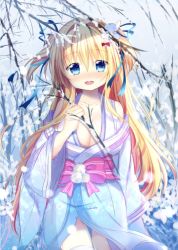 Rule 34 | 1girl, :d, bare tree, blonde hair, blue eyes, blue flower, blue kimono, blue ribbon, blush, bow, breasts, character request, cleavage, collarbone, commentary request, flower, hair between eyes, hair flower, hair intakes, hair ornament, hair ribbon, head tilt, holding, japanese clothes, kimono, lamunation, long hair, medium breasts, open mouth, red bow, ribbon, rinringyo, round teeth, smile, snow, snowing, solo, standing, striped, striped bow, teeth, thighhighs, tree, two side up, upper teeth only, very long hair, white thighhighs
