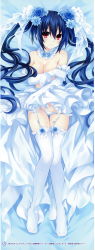 Rule 34 | 1girl, absurdres, beads, bed, bed sheet, black hair, blue flower, blue rose, blush, breasts, closed mouth, covering privates, covering breasts, dakimakura (medium), detached collar, dress, elbow gloves, flower, from above, garter belt, garter straps, gloves, groin, hair between eyes, hair flower, hair ornament, highres, holding own arm, indoors, legs together, light smile, long hair, looking at viewer, lying, medium breasts, neptune (series), noire (neptunia), official art, on back, on bed, panties, panty pull, power symbol, raised eyebrows, red eyes, rose, see-through, shin jigen game neptune vii, smile, solo, thigh gap, thighhighs, topless, tsunako, twintails, underwear, undressing, veil, very long hair, wavy hair, wedding dress, white gloves, white panties, white thighhighs