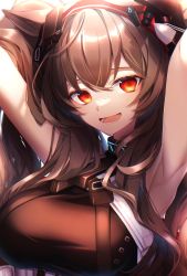 Rule 34 | 1girl, absurdres, angelina (arknights), animal ears, arknights, armpits, breasts, brown hair, fang, highres, hk nnm, infection monitor (arknights), long hair, looking at viewer, medium breasts, open mouth, red eyes, smile, solo, teeth, upper body