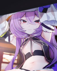 Rule 34 | 1girl, absurdres, blurry, blurry background, breasts, closed mouth, crossed bangs, depth of field, detached sleeves, hair between eyes, hands up, highres, hiyoku no crosspiece, long hair, long sleeves, looking at viewer, nanashi inc., navel, purple hair, red eyes, shisui kiki, shisui kiki (1st costume), small breasts, smile, solo, stomach, sweat, utsusumi kio, virtual youtuber
