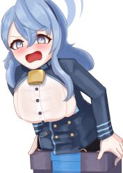 Rule 34 | 1girl, absurdres, ako (blue archive), angry, blue archive, blue eyes, blue hair, blush, highres, long hair, neck bell, recycle bin, school uniform, solo, upper body, white background