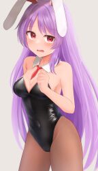 Rule 34 | 1girl, absurdres, animal ears, bare shoulders, black leotard, blush, bow, bowtie, breasts, cleavage, covered navel, cowboy shot, dakuazu, detached collar, embarrassed, fake animal ears, fake tail, highres, leotard, long hair, looking at viewer, medium breasts, playboy bunny, purple hair, rabbit ears, rabbit tail, red eyes, reisen udongein inaba, solo, strapless, strapless leotard, tail, touhou, very long hair, worried, wrist cuffs