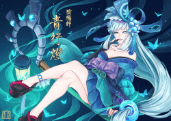 Rule 34 | 1girl, aoandon, black footwear, blue background, blue butterfly, blue eyes, blue nails, blunt bangs, breasts, bug, butterfly, fingerless gloves, full body, gloves, hair ornament, highres, insect, japanese clothes, kimono, lipstick, long hair, looking at viewer, low-tied long hair, makeup, medium breasts, nail polish, nejimaki oz, obi, off shoulder, onmyoji, sash, sidesaddle, single fingerless glove, solo, very long hair, white hair