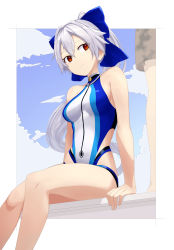 Rule 34 | 1boy, 1girl, bare shoulders, blue one-piece swimsuit, border, breasts, commentary request, competition swimsuit, fate/grand order, fate (series), hair between eyes, head tilt, highleg, highleg swimsuit, highres, knightsaru, long hair, multicolored clothes, multicolored swimsuit, one-piece swimsuit, ponytail, red eyes, silver hair, sitting, small breasts, smile, solo focus, swimsuit, tomoe gozen (fate), tomoe gozen (swimsuit saber) (fate), tomoe gozen (swimsuit saber) (first ascension) (fate), very long hair, white border, white one-piece swimsuit