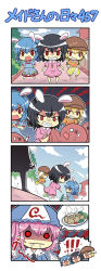 Rule 34 | !, 4girls, 4koma, animal ears, black hair, blank eyes, blonde hair, blue hair, blue sky, bullying, rabbit ears, carrot necklace, cloud, colonel aki, comic, commentary, crescent moon, dress, drooling, food, hair between eyes, hands on own hips, hat, inaba tewi, jewelry, mob cap, moon, multiple girls, necklace, open mouth, pants, pink hair, red eyes, ringo (touhou), saigyouji yuyuko, scared, seiran (touhou), shaded face, sharp teeth, shirt, short sleeves, sky, spoken exclamation mark, star (symbol), sweatdrop, teeth, thought bubble, touhou, translated, triangular headpiece