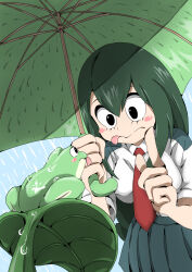 Rule 34 | 1girl, absurdres, asui tsuyu, black eyes, blush stickers, boku no hero academia, frog, green hair, green umbrella, highres, index finger raised, leaf, lily pad, necktie, outdoors, rain, red necktie, ryo sidery, school uniform, shirt, skirt, smile, solo, tongue, tongue out, u.a. school uniform, umbrella, water drop, white shirt