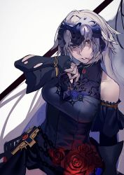 Rule 34 | 1girl, bare shoulders, breasts, chain, commentary request, cross, detached sleeves, fate/grand order, fate (series), flower, grey hair, hair between eyes, hiro (hirohiro gorira), jeanne d&#039;arc (fate), jeanne d&#039;arc alter (avenger) (fate), jeanne d&#039;arc alter (fate), large breasts, looking at viewer, parted lips, rose, simple background, solo, teeth, white background, yellow eyes